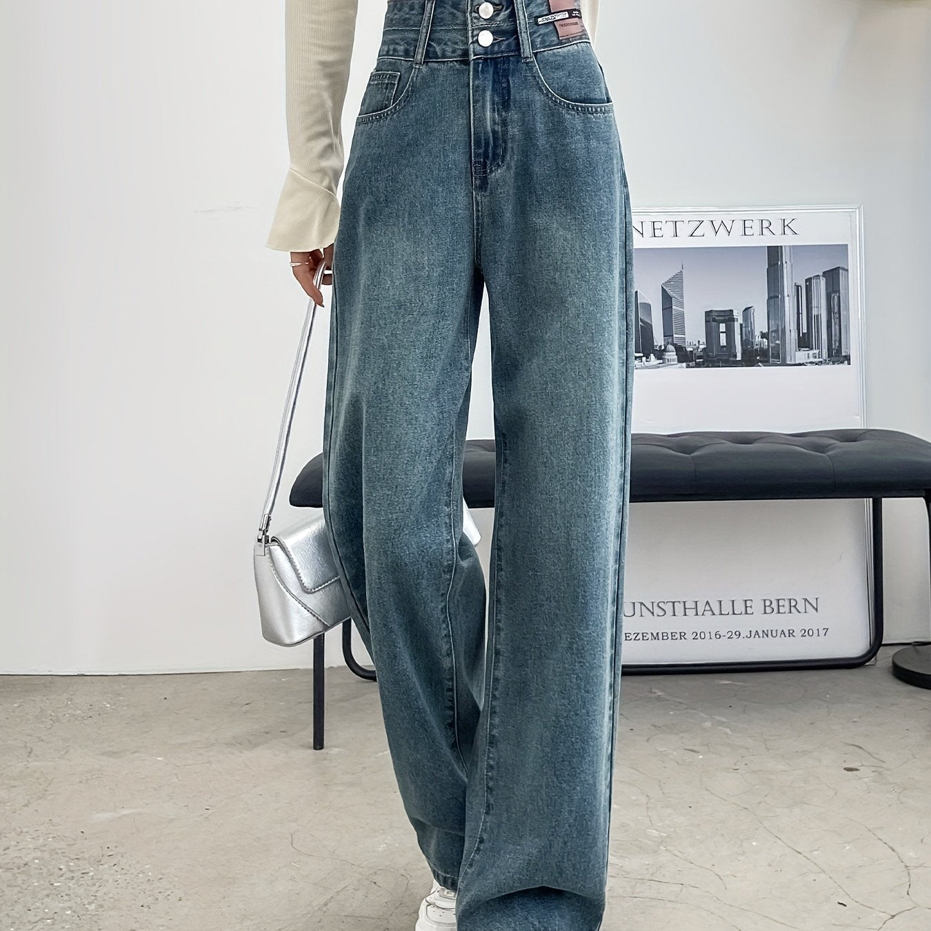 Sixsr Plain Double Button Straight Jeans, Loose Fit High Waist Wide Legs Jeans, Women's Denim Jeans & Clothing