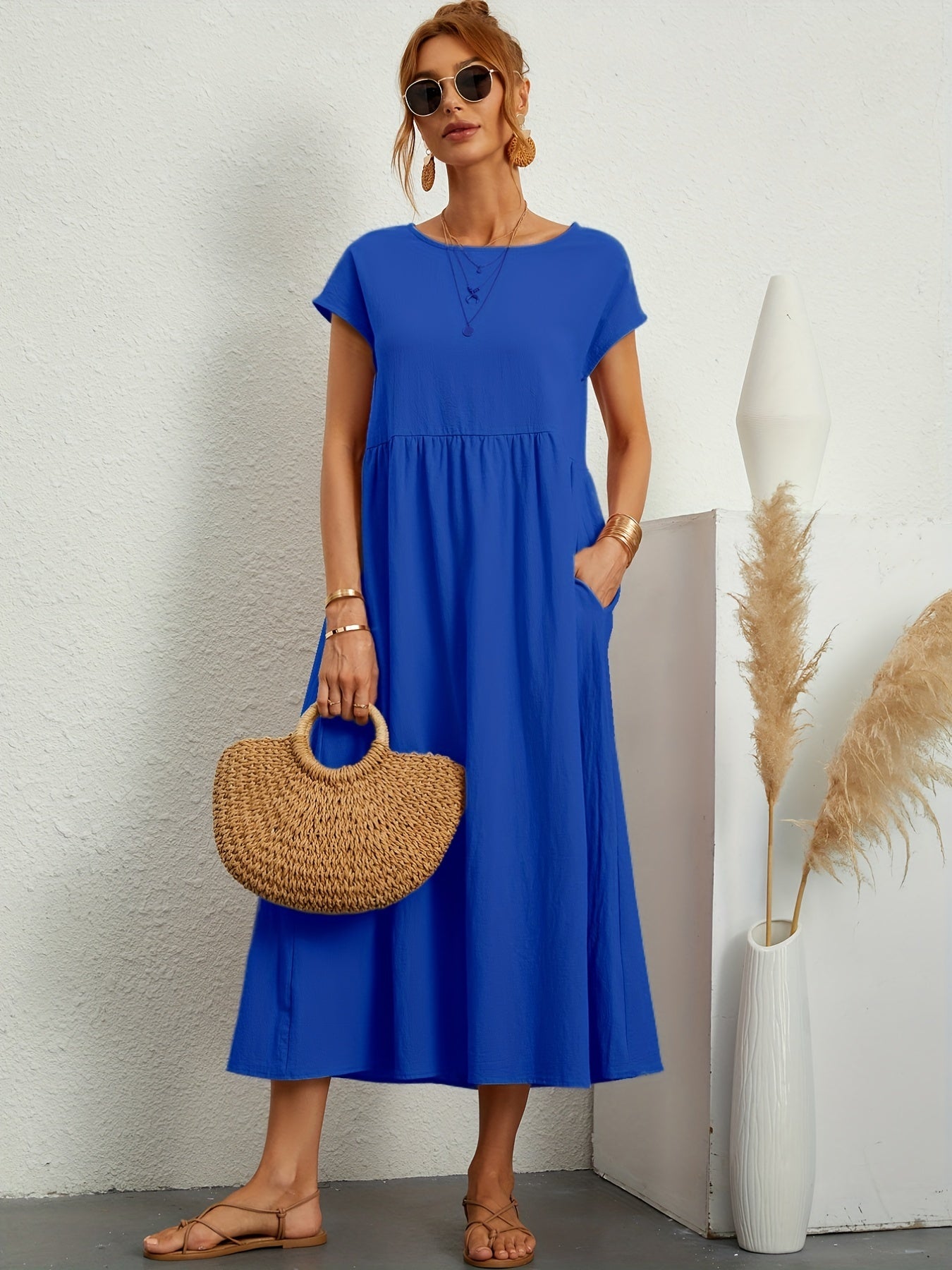 Sixsr Loose Pocket Solid Dress, Casual Short Sleeve Crew Neck Waist Summer Dress, Women's Clothing