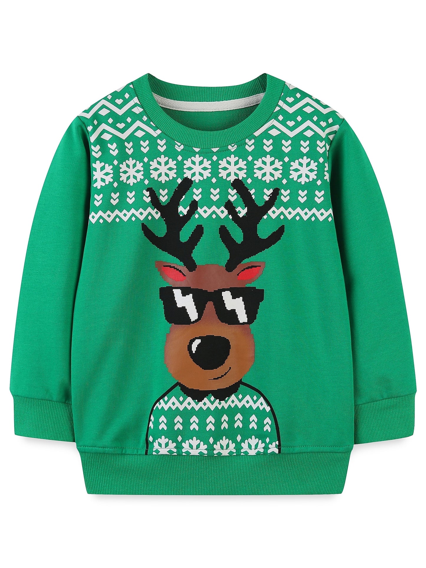 Christmas Deer Print Boys' Casual Long Sleeve Crew Neck Pullover Sweatshirt - Soft, Cozy, Creative Design for Kids' Outdoor Clothing