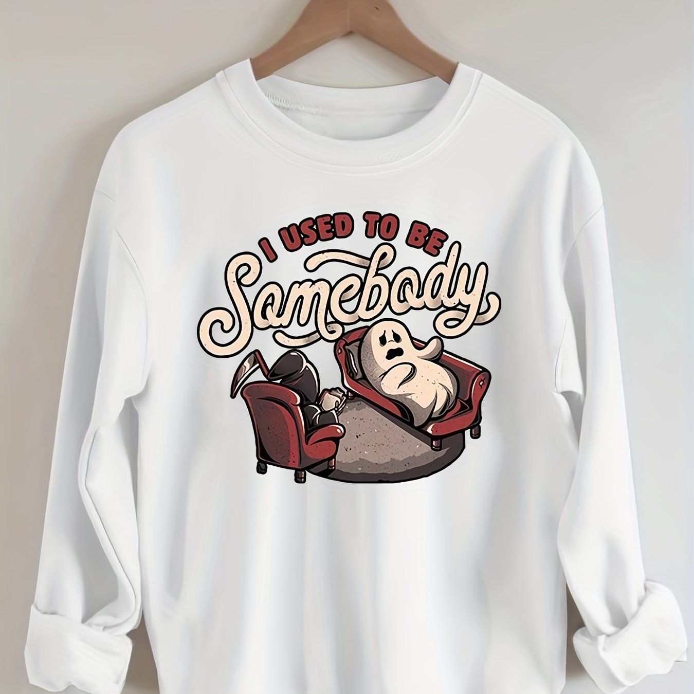 Sixsr Plus Size Halloween Sweatshirt, Women's Plus Funny Ghost & Slogan Print Long Sleeve Round Neck Slight Stretch Party Sweatshirt