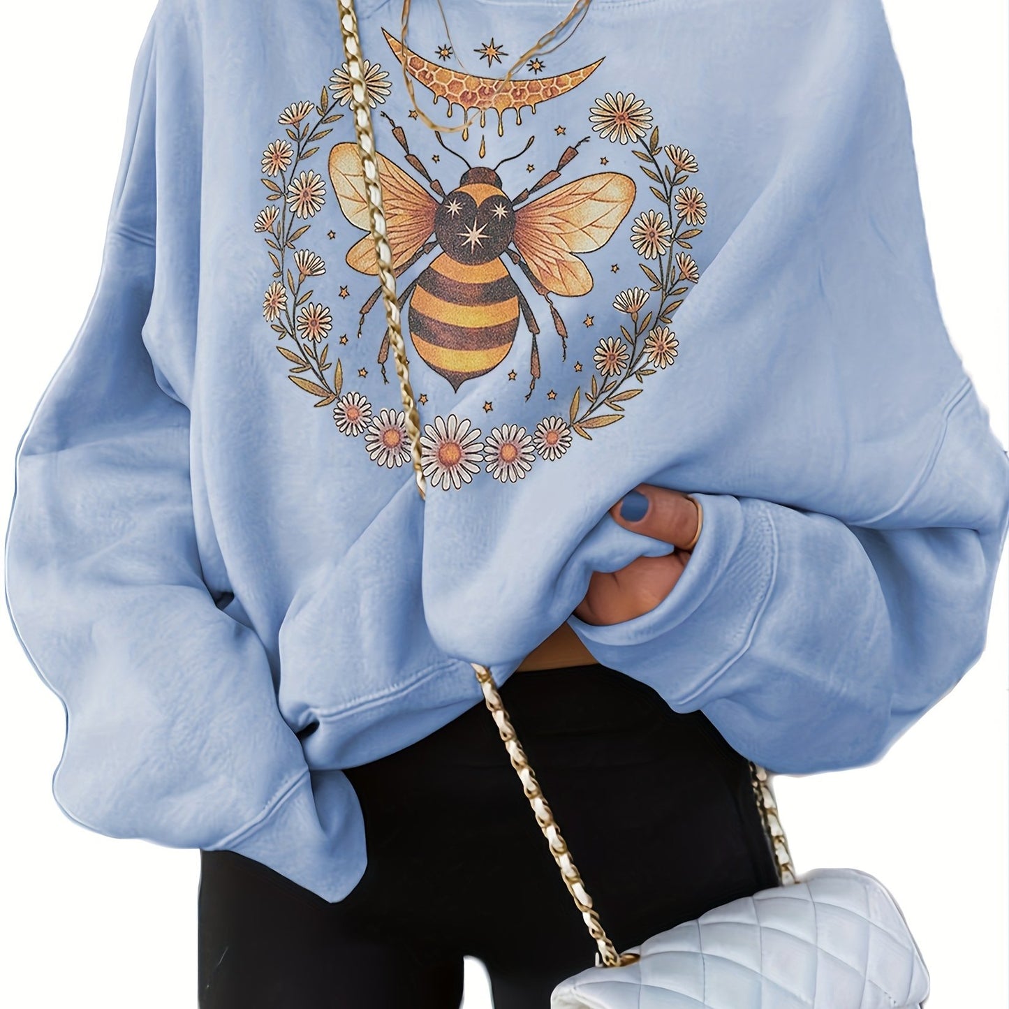 Sixsr Round Neck Bee Print Pullover, Casual Fashion Loose Long Sleeve Sweatshirt, Women's Clothing