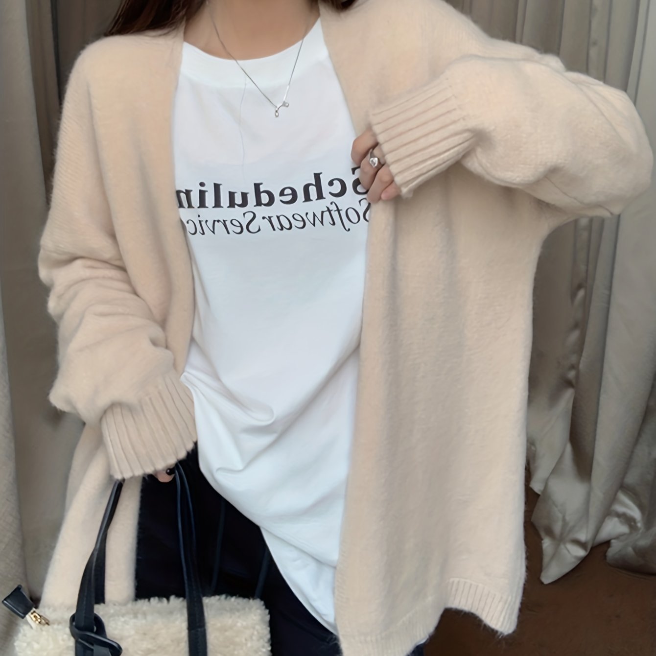 Sixsr Solid Open Front Knit Cardigan, Casual Long Sleeve Drop Shoulder Loose Sweater, Women's Clothing