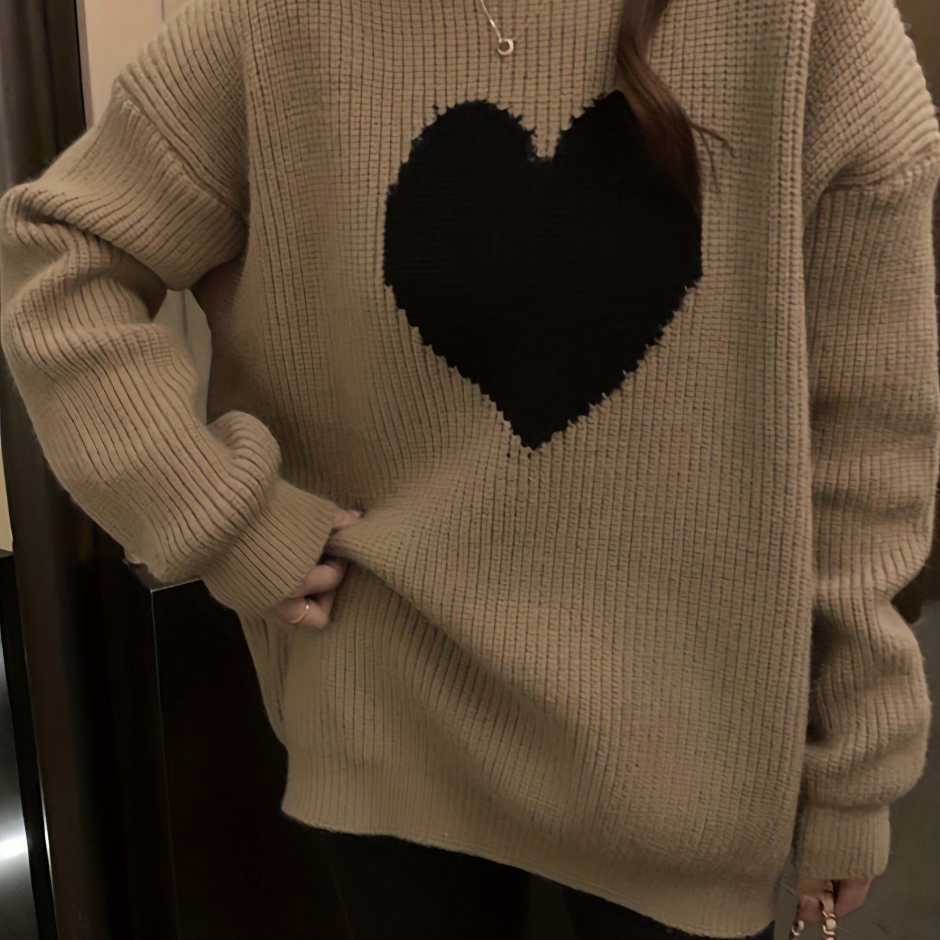 Sixsr Heart Pattern Crew Neck Pullover Sweater, Casual Long Sleeve Drop Shoulder Sweater, Women's Clothing