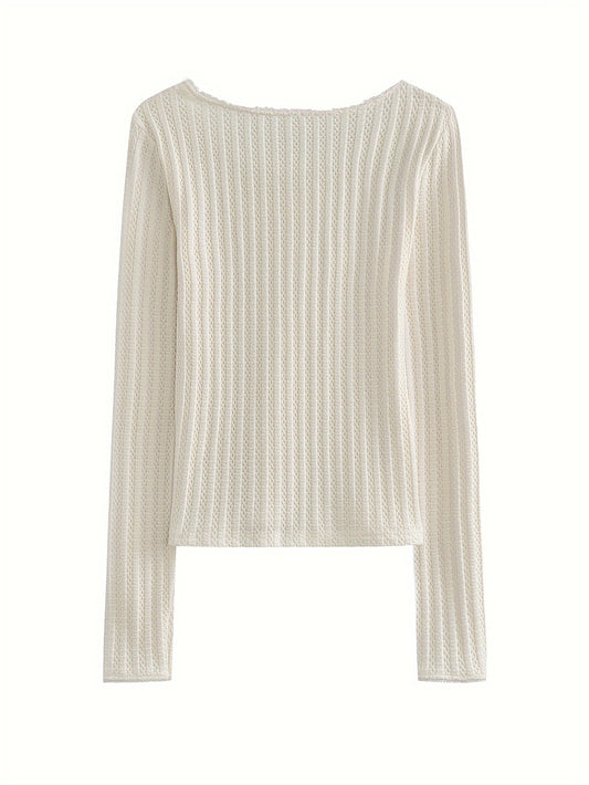 Sixsr Solid Color Crew Neck T-Shirt, Casual Tie Front Long Sleeve Ribbed T-Shirt For Every Day, Women's Clothing