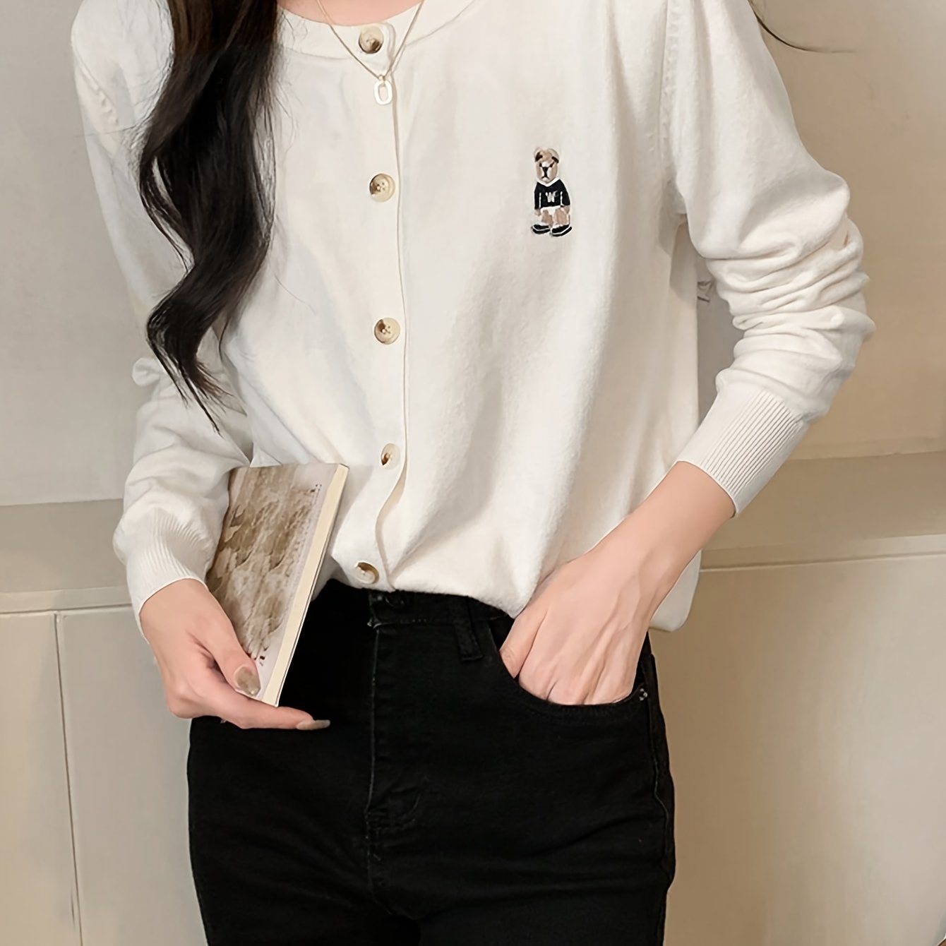 Sixsr Bear Pattern Button Front Cardigan, Casual Long Sleeve Cardigan For Spring & Fall, Women's Clothing