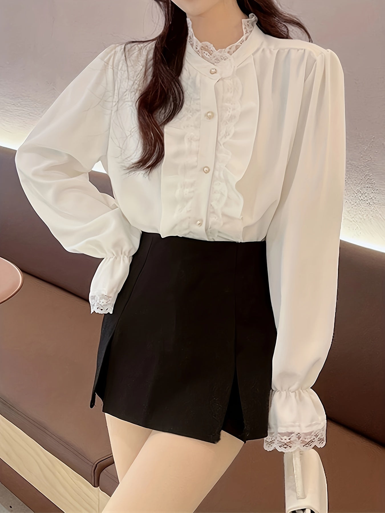 Sixsr Contrast Lace Ruffle Decor Blouse, Chic Button Front Long Sleeve Blouse, Women's Clothing