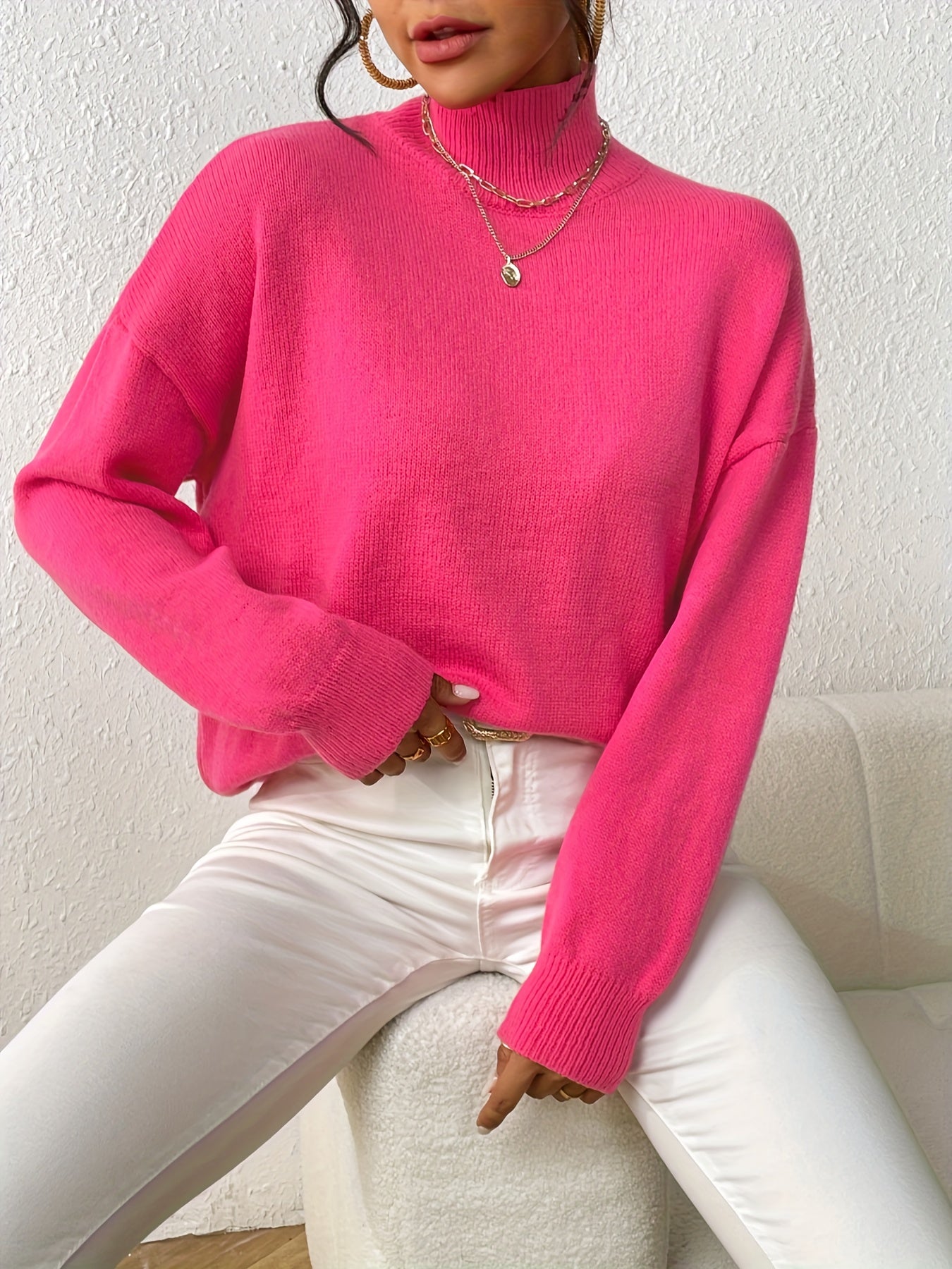 Sixsr Solid Mock Neck Knit Sweater, Casual Drop Shoulder Long Sleeve Sweater, Women's Clothing