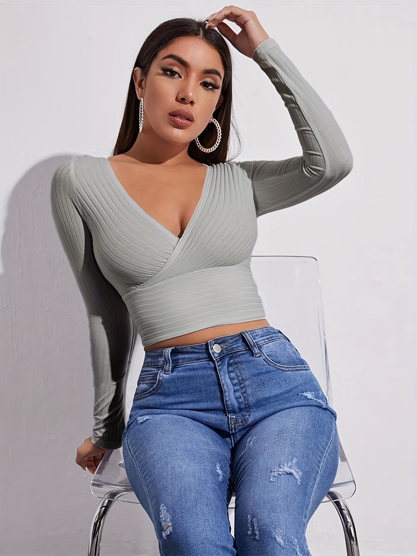 Sixsr Ribbed Solid Deep V Neck Long Sleeve Cross Wrap Crop Tops , Women's Clothings