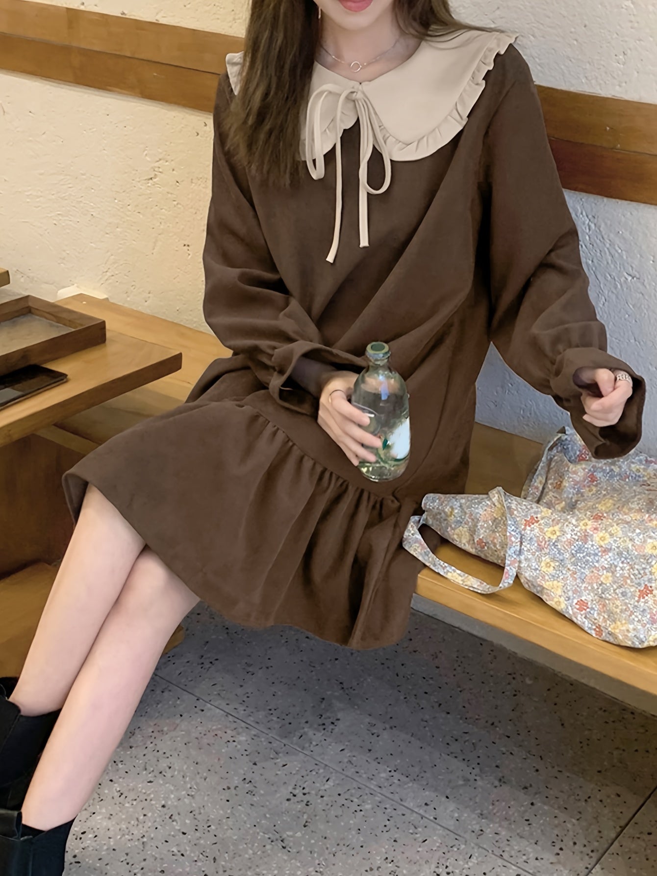 Sixsr Ruffle Trim Peter Pan Collar Dress, Casual Lantern Sleeve Loose Dress, Women's Clothing