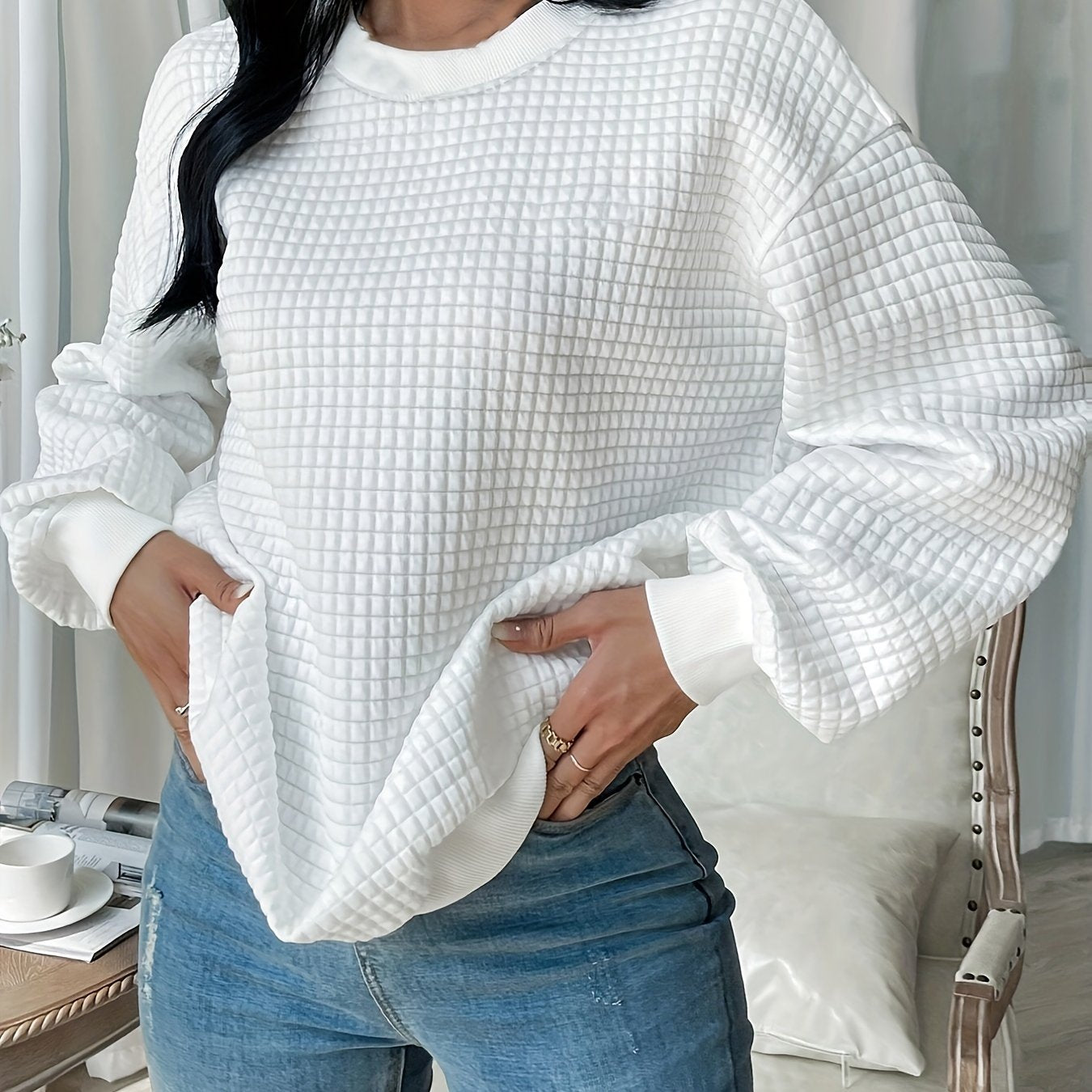 Sixsr Plus Size Casual Sweatshirt, Women's Plus Solid Waffle Pattern Long Sleeve Round Neck Sweatshirt