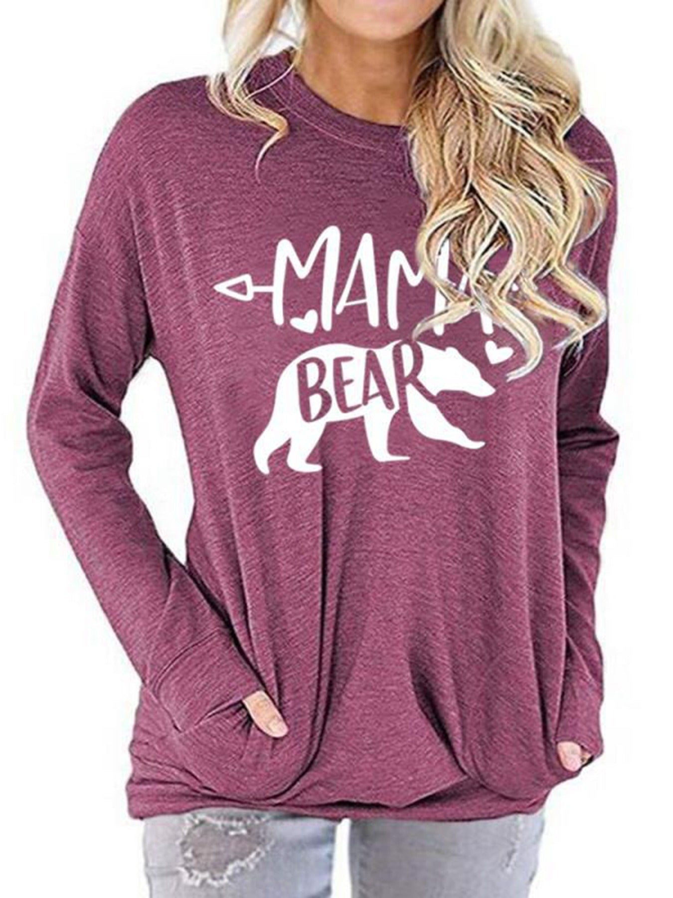 Sixsr Mamabear Bear Pattern Print T-shirt, Round Neck Long Sleeve Pullover T-Shirt, Women's Clothing
