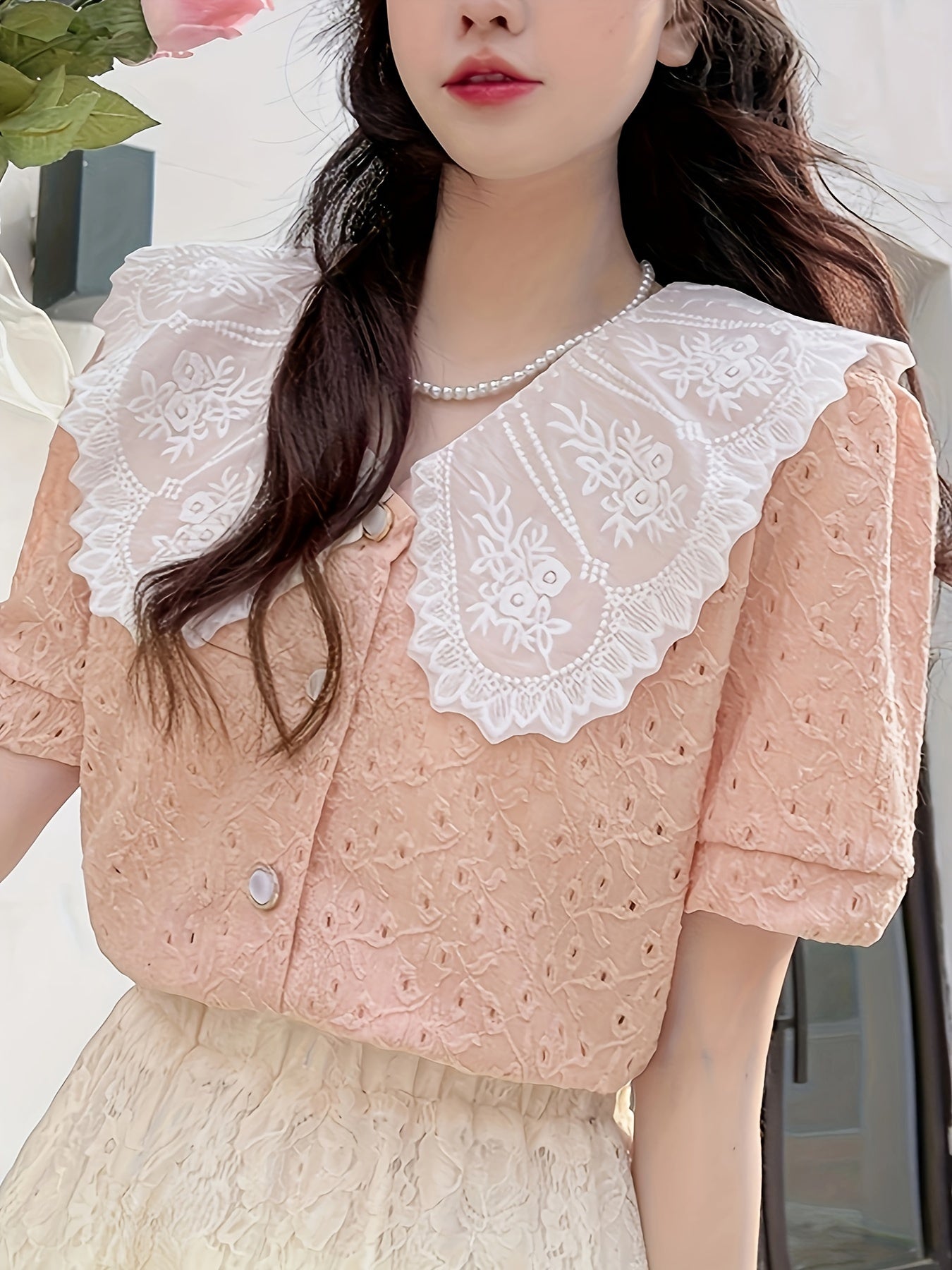 Sixsr Contrast Trim Elegant Blouse, Short Sleeve Blouse For Spring & Summer, Women's Clothing