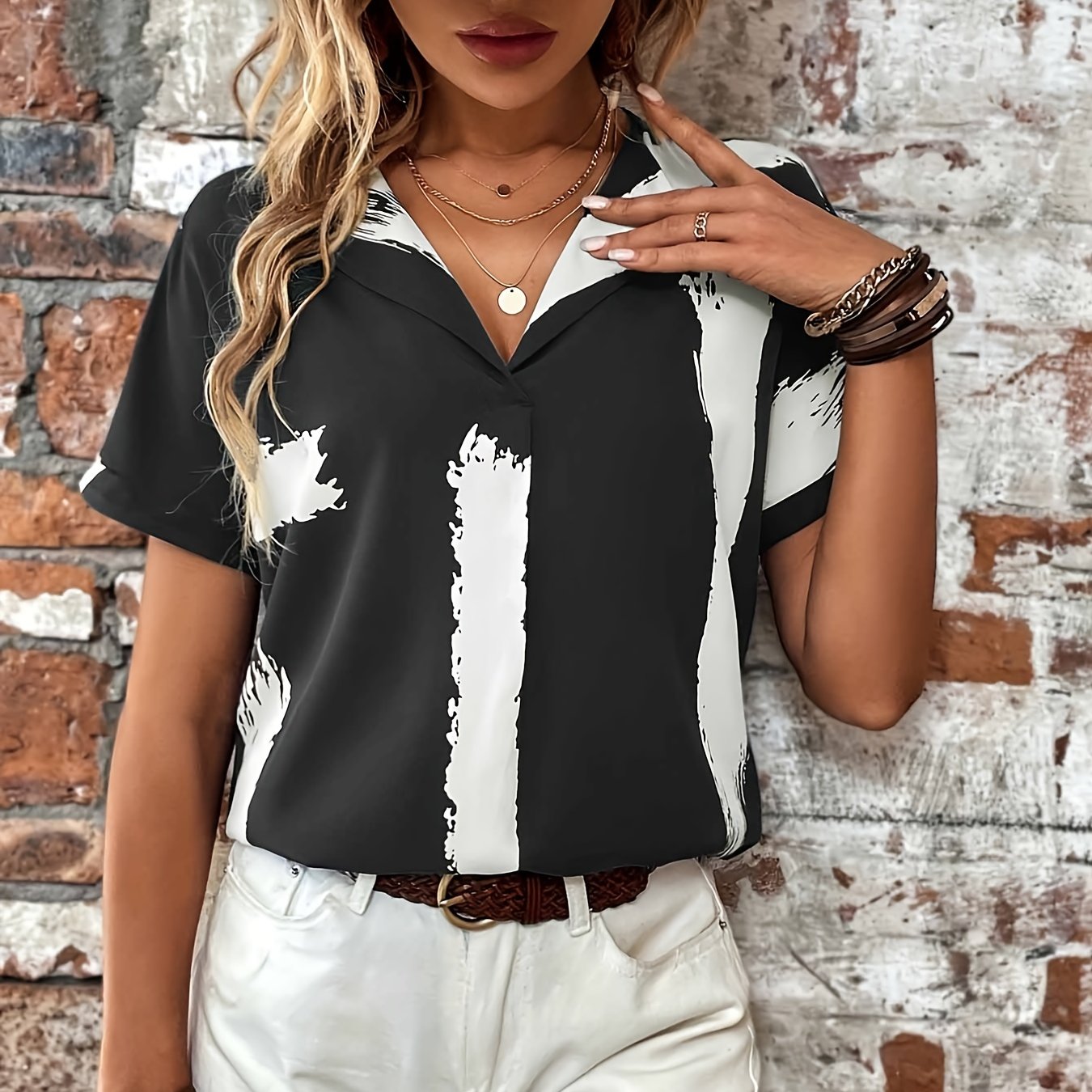 Sixsr Brush Print Loose Blouses, Casual V-neck Batwing Sleeve Shirts Tops, Women's Clothing