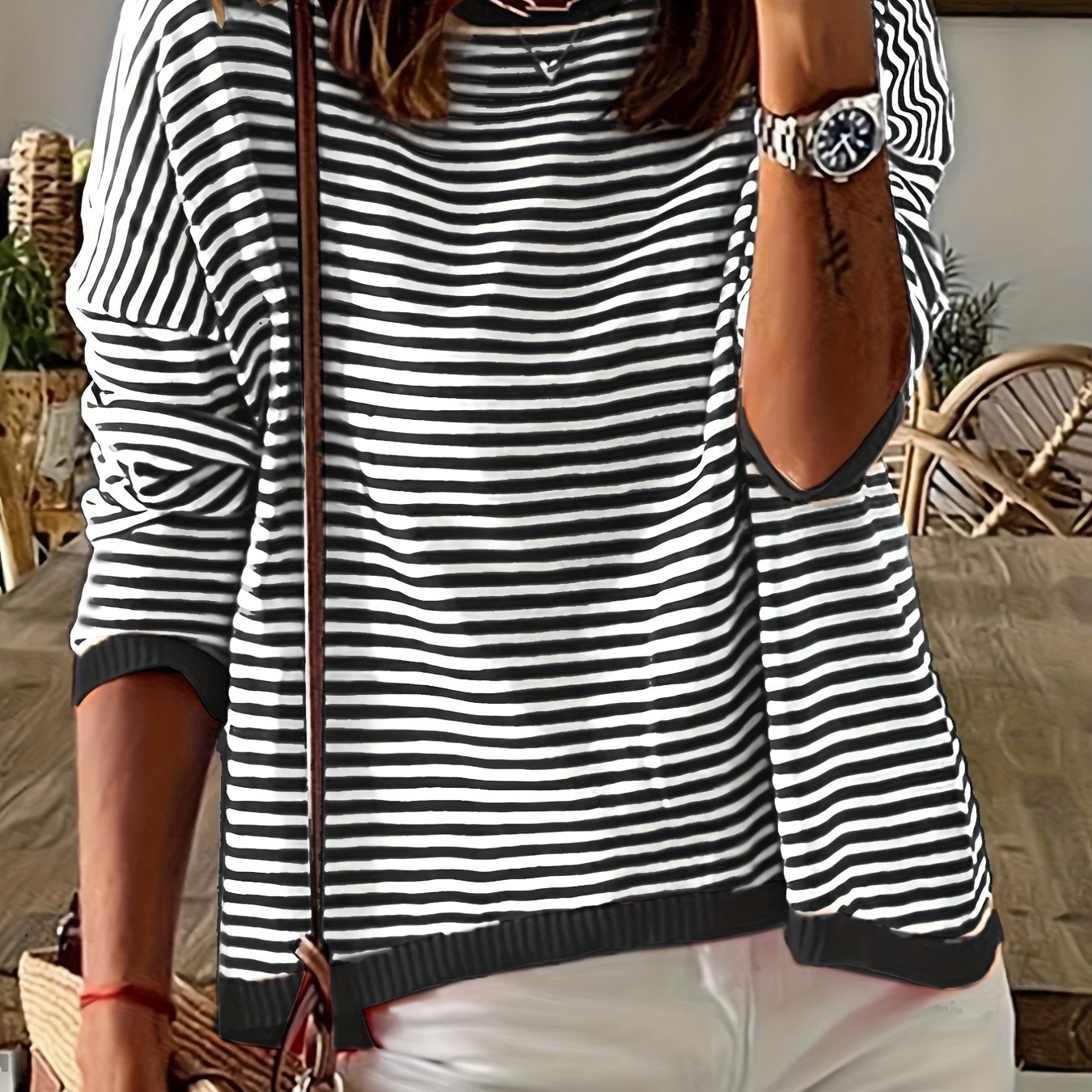 Sixsr Striped Print Knit Sweater, Casual Crew Neck Drop Shoulder Sweater, Women's Clothing