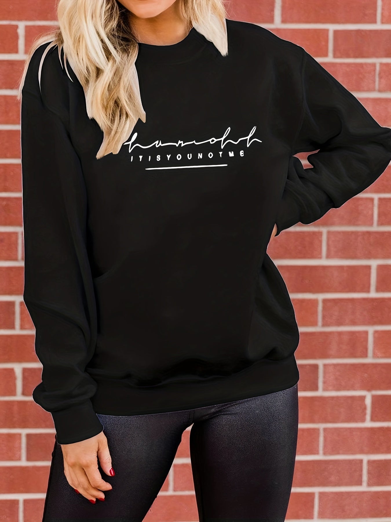 Sixsr Plus Size Casual Sweatshirt, Women's Plus Art Letter Print Long Sleeve Crew Neck Medium Stretch Pullover Sweatshirt, Casual Tops For Fall & Winter, Plus Size Women's Clothing
