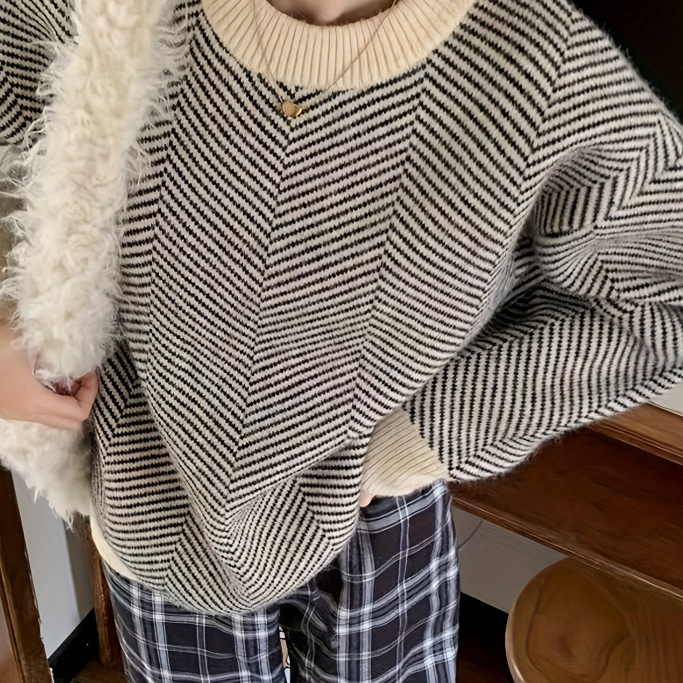 Sixsr Striped Crew Neck Pullover Sweater, Casual Long Sleeve Loose Sweater, Women's Clothing