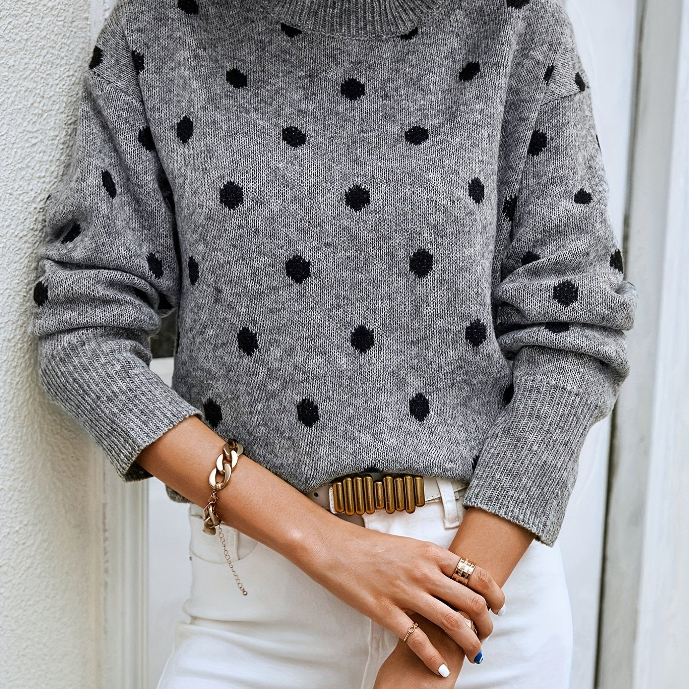 Sixsr Polka Dot Crew Neck Pullover Sweater, Casual Long Sleeve Sweater For Fall & Winter, Women's Clothing