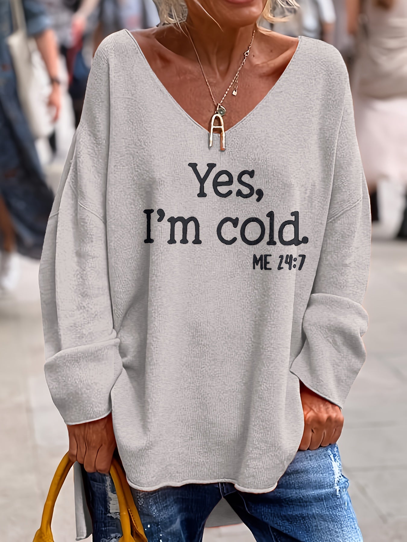 Sixsr Letter Pattern V Neck Oversized Sweater, Casual Long Sleeve Rolled Trim Sweater, Women's Clothing