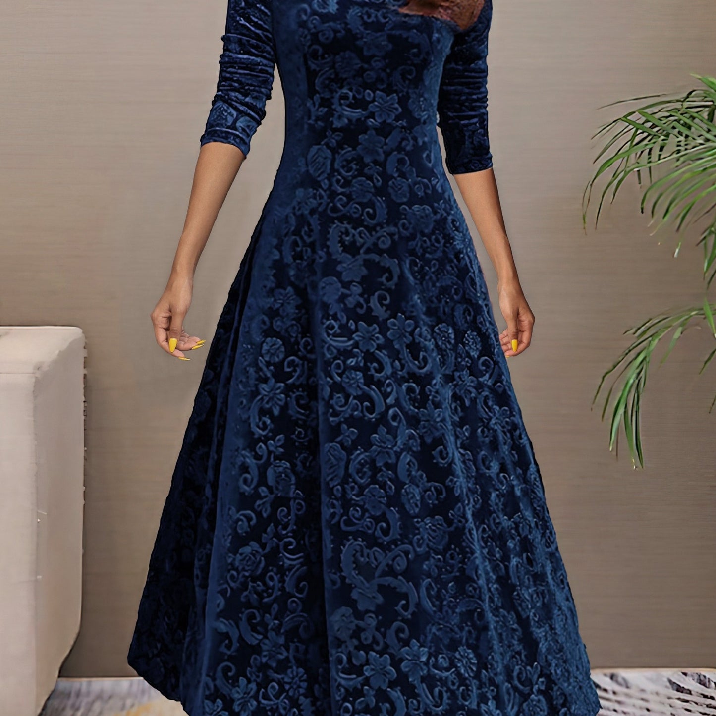 Sixsr Solid Color Long Sleeve Dress, Elegant V Neck Flared Dress For Spring & Fall, Women's Clothing