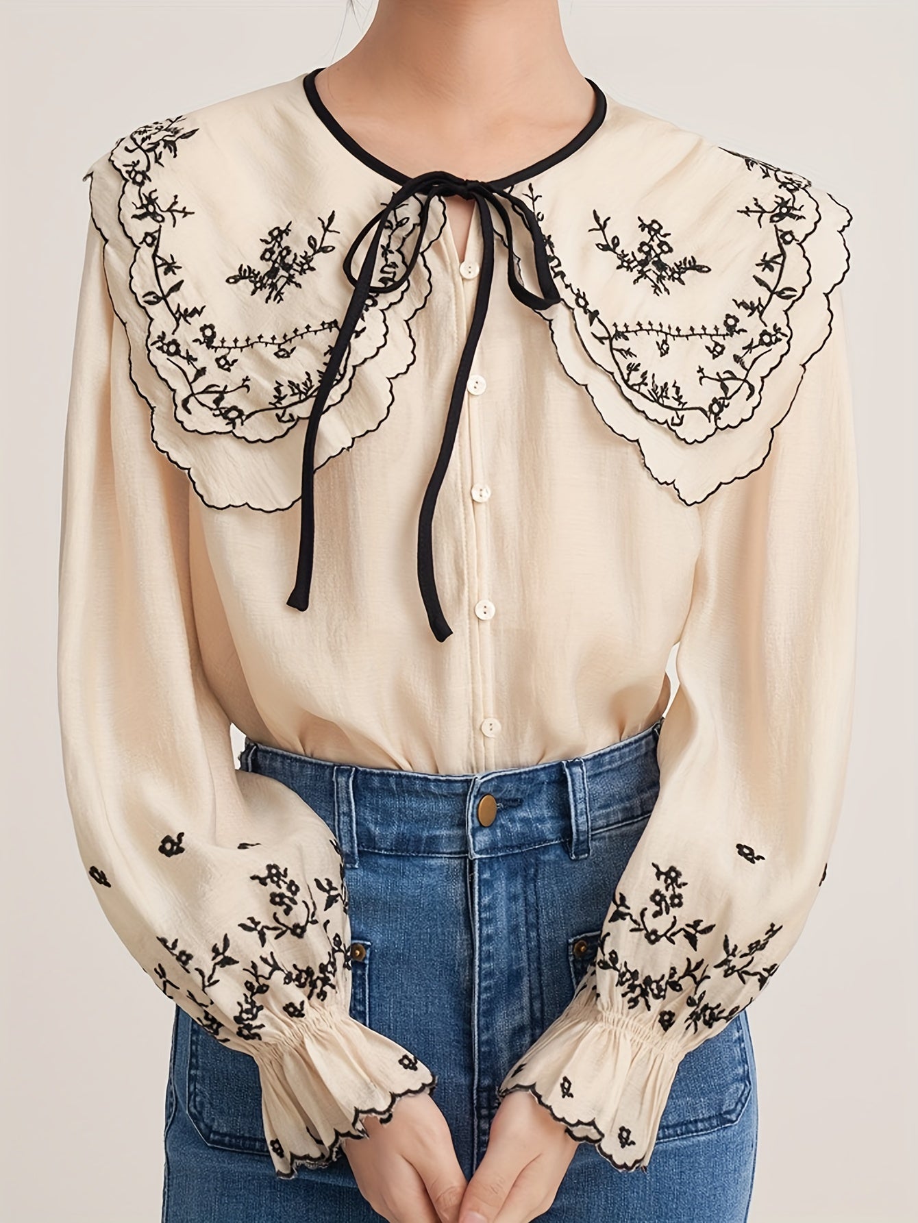 Sixsr Floral Embroidered Button Up Doll Collar Blouse, Long Sleeve Tie Neck Elegant Blouse, Women's Clothing