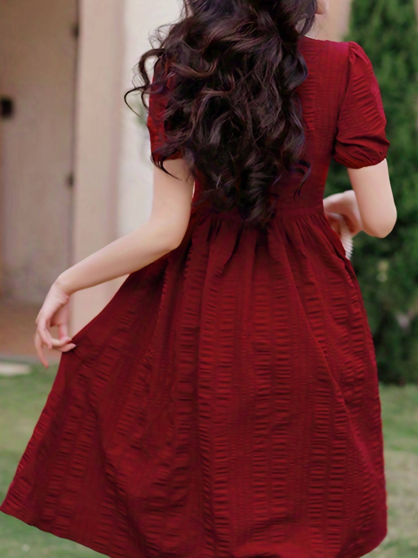 Sixsr Ruched Split Dress, Elegant Solid Puff Sleeve Midi Dress, Women's Clothing