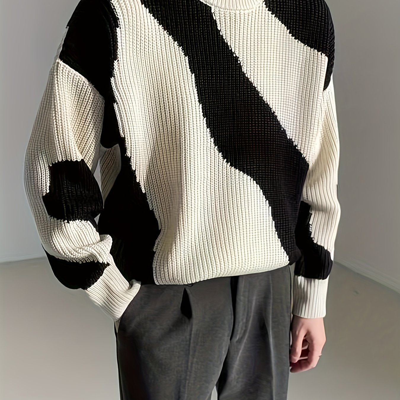Sixsr All Match Knitted Color Block Wave Pattern Cable Sweater, Men's Casual Warm Slightly Stretch Crew Neck Pullover Sweater For Men Fall Winter