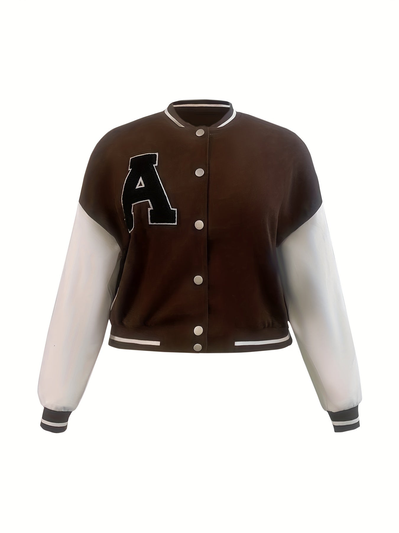 Sixsr Plus Size Casual Jacket, Women's Plus Colorblock Letter Patch Button Long Sleeve Bomber Jacket