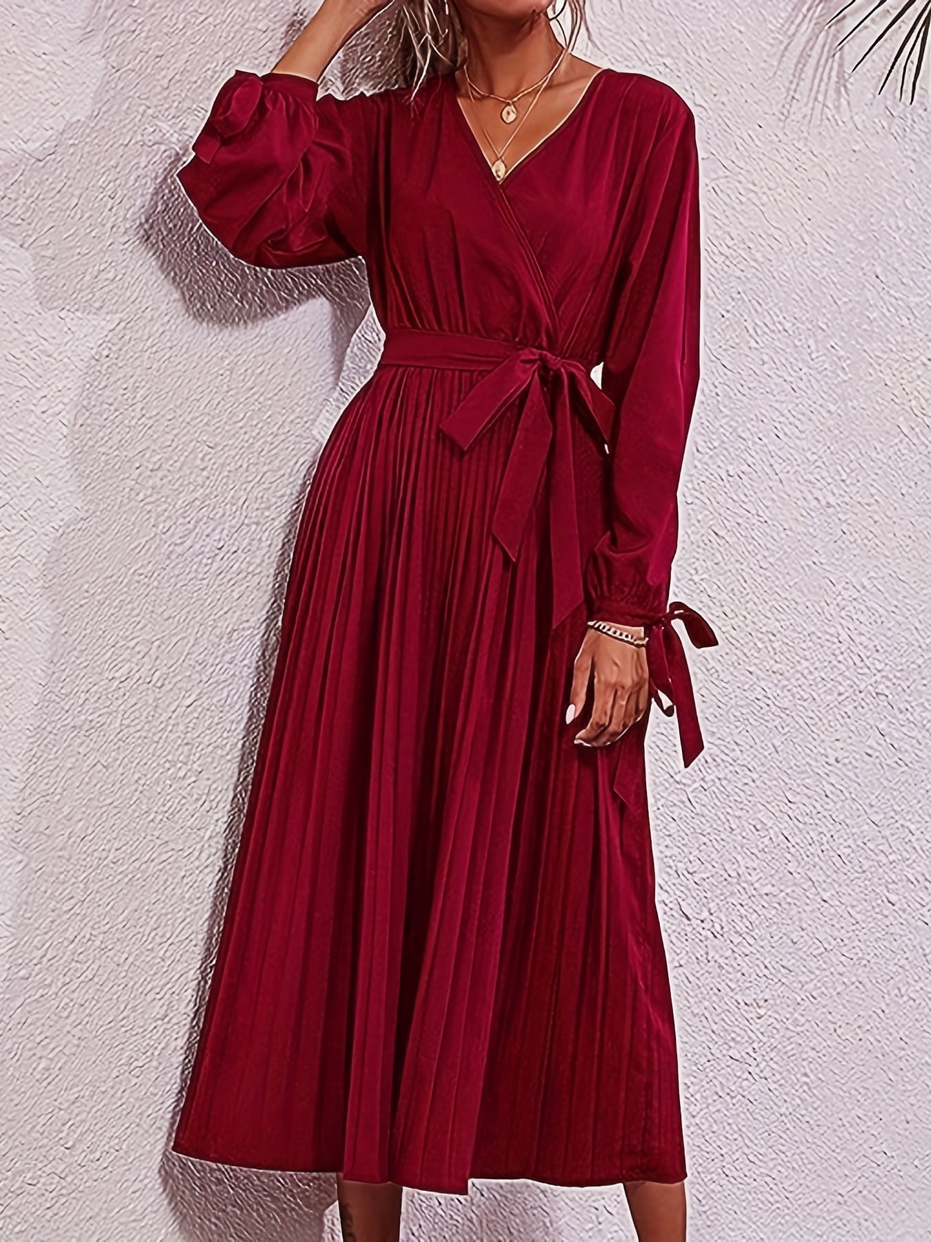 Sixsr Plus Size Elegant Dress, Women's Plus Solid Knot Cut Out Long Sleeve Surplice Neck Maxi Pleated Dress With Belt