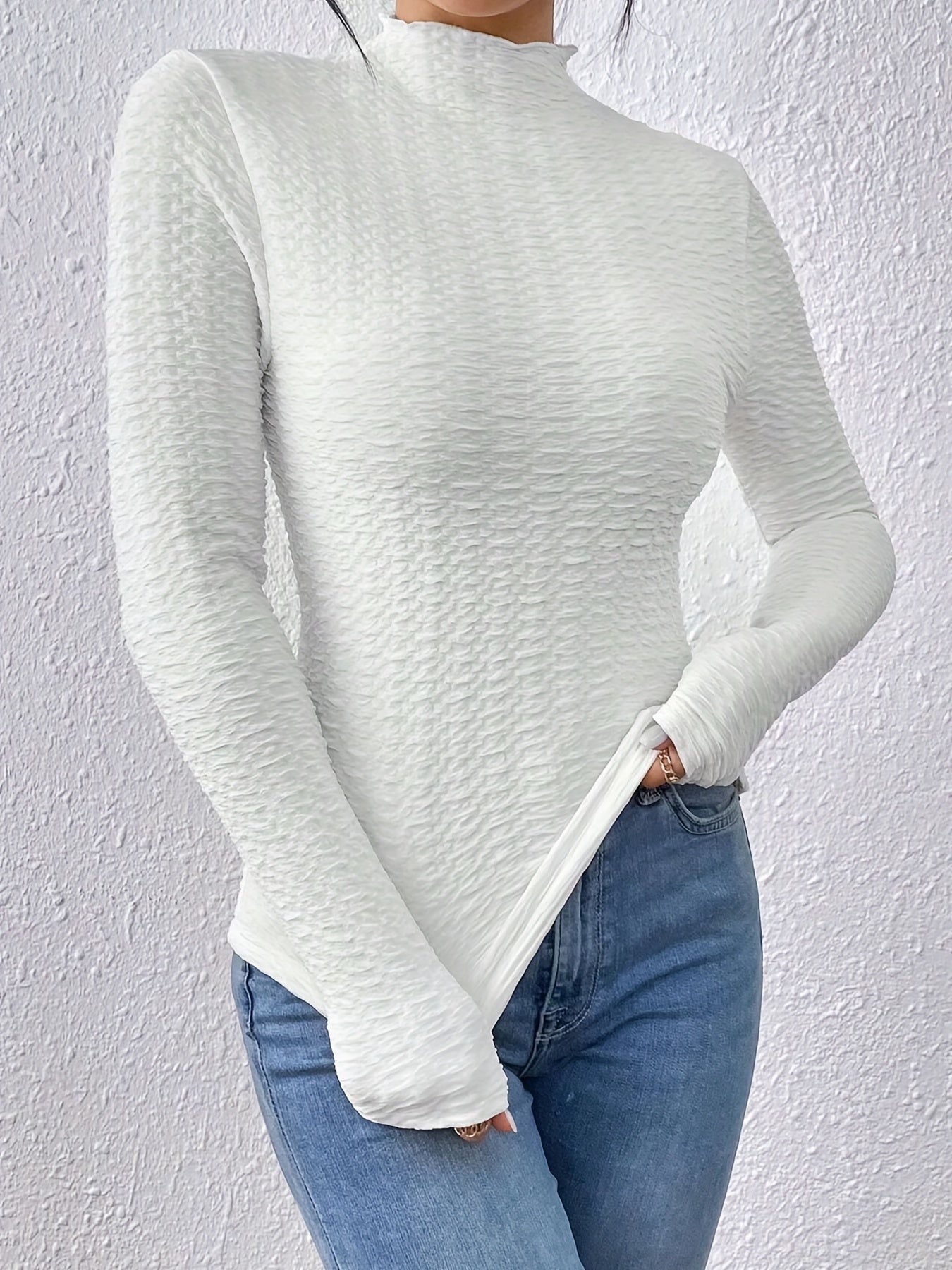 Sixsr Solid Textured T-Shirt, Casual Long Sleeve Top For Spring & Fall, Women's Clothing