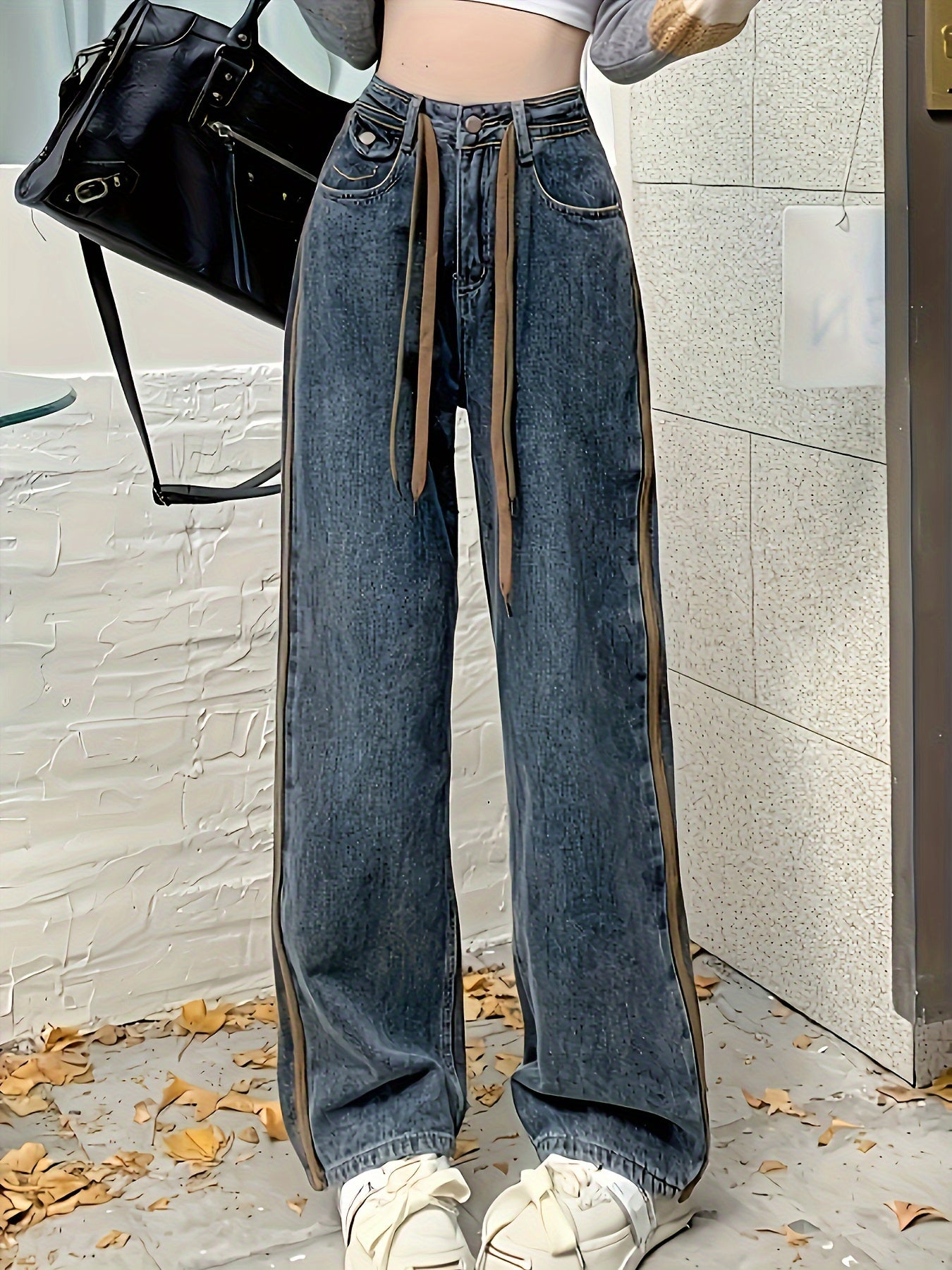 Sixsr High Waist Casual Straight Jeans, Fleece Liner Keep Warm Versatile Loose Fit Denim Pants, Women's Denim Jeans & Clothing