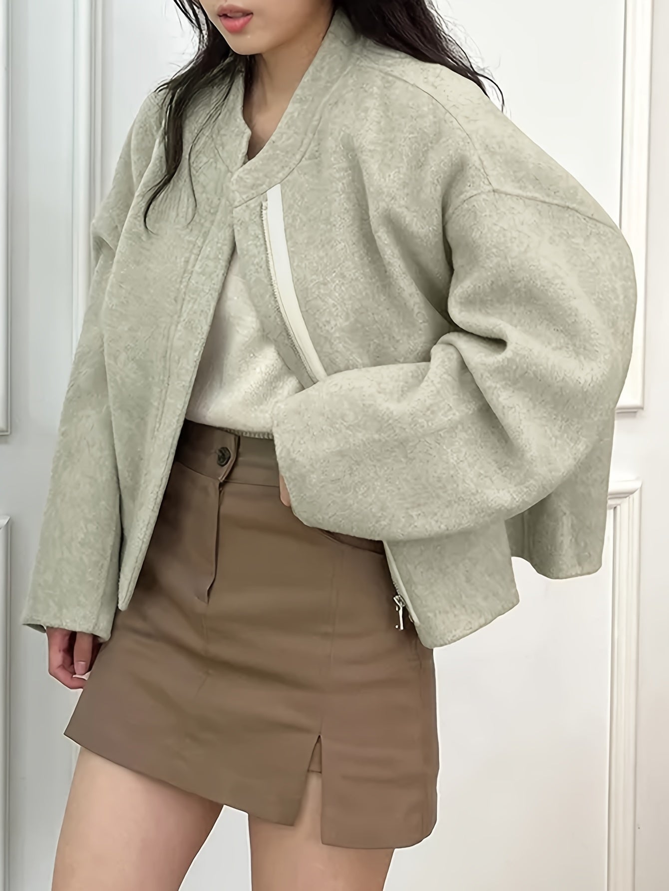 Sixsr Solid Zipper Front Simple Jacket, Casual Long Sleeve Outwear For Fall & Winter, Women's Clothing