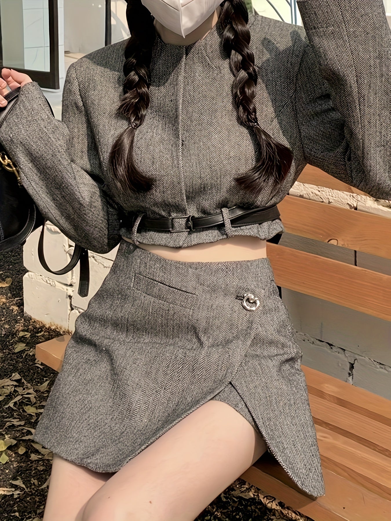Sixsr Solid Crew Neck Belt Crop Top, Stylish Long Sleeve Top For Spring & Fall, Women's Clothing