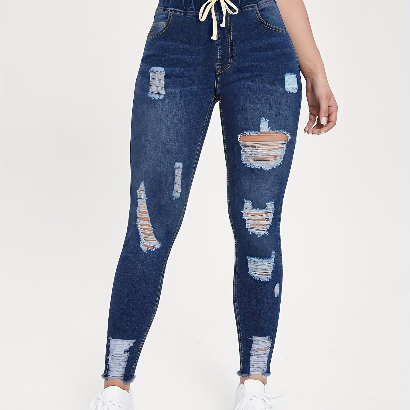 Sixsr Raw Hem Ripped Mom Jeans, Elastic Waistband Distressed Slash Pockets Denim Pants, Women's Denim Jeans & Clothing