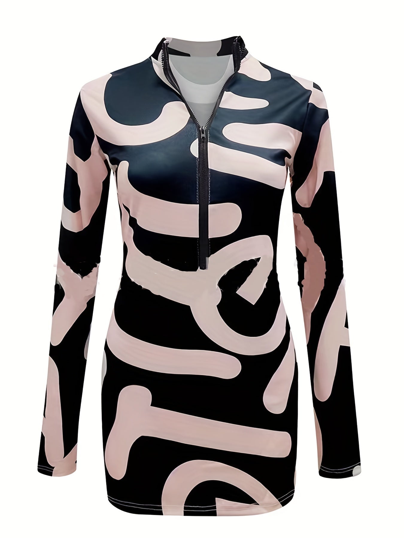 Sixsr Abstract Print Zipper Dress, Casual Long Sleeve Bodycon Dress, Women's Clothing