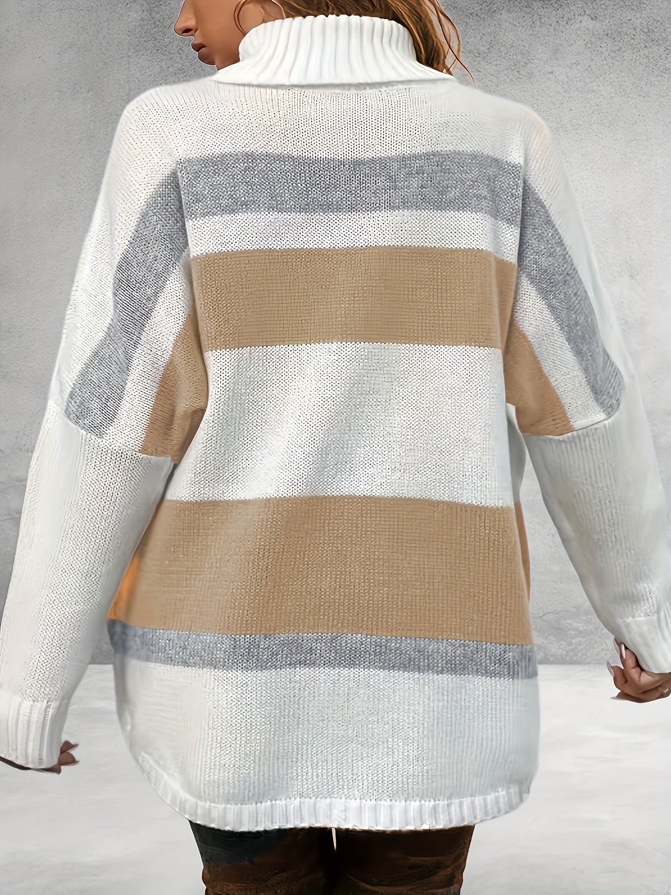 Sixsr Plus Size Casual Sweater, Women's Plus Colorblock Long Sleeve Turtle Neck Slight Stretch Sweater