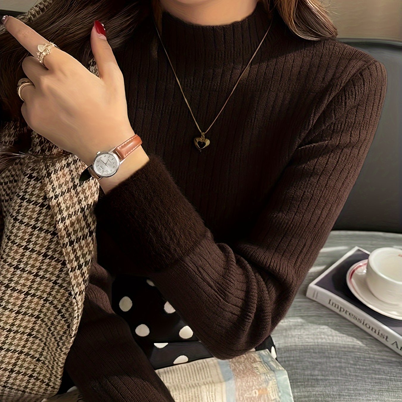 Sixsr Solid Mock Neck Fleece Rib Knit Sweater, Casual Long Sleeve Slim Versatile Sweater, Women's Clothing