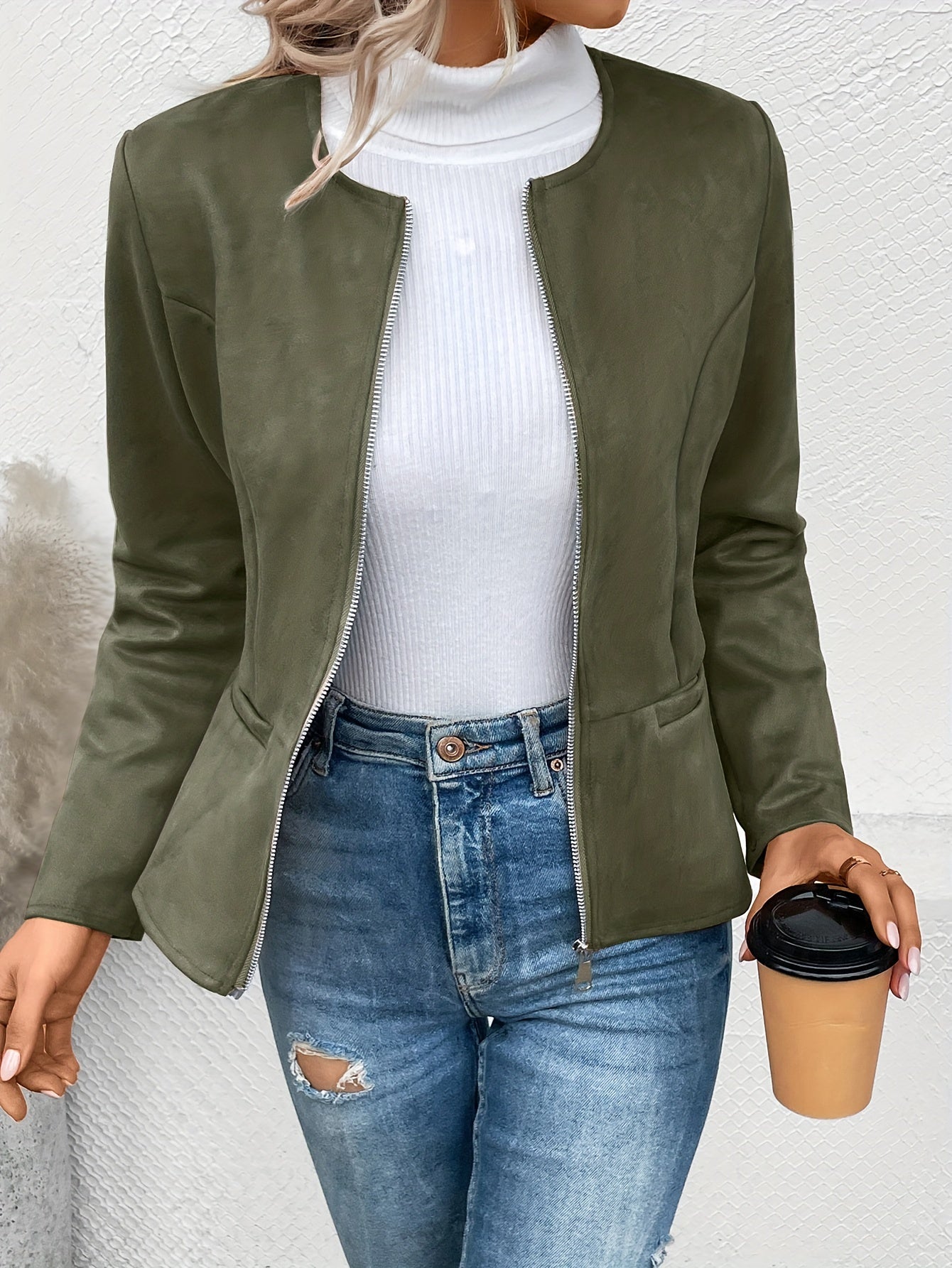 Sixsr Solid Zip Up Jacket, Casual Long Sleeve Crew Neck Outerwear For Spring & Fall, Women's Clothing