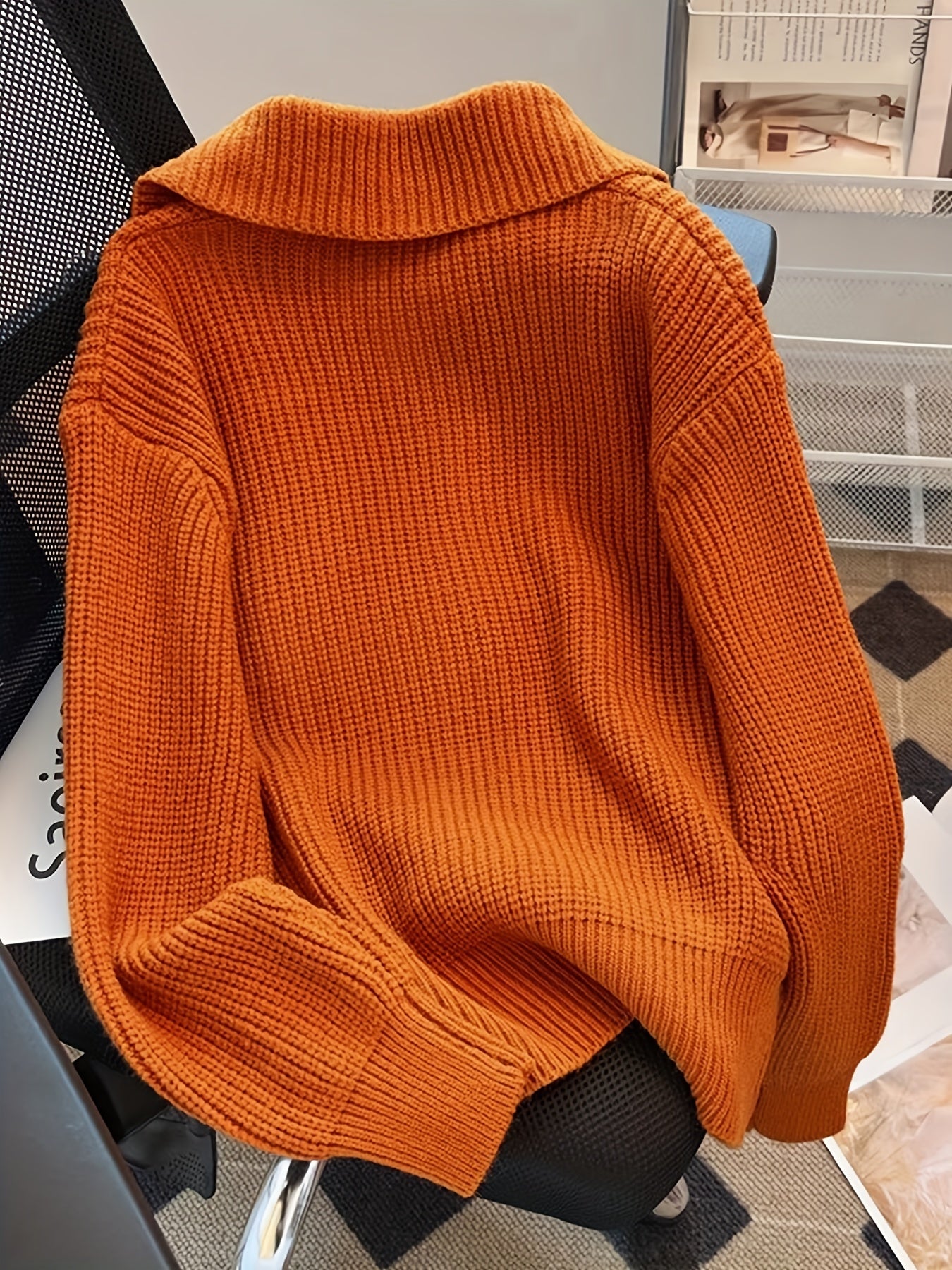 Sixsr Solid Button Down Knit Cardigan, Vintage Turndown Collar Long Sleeve Sweater, Women's Clothing