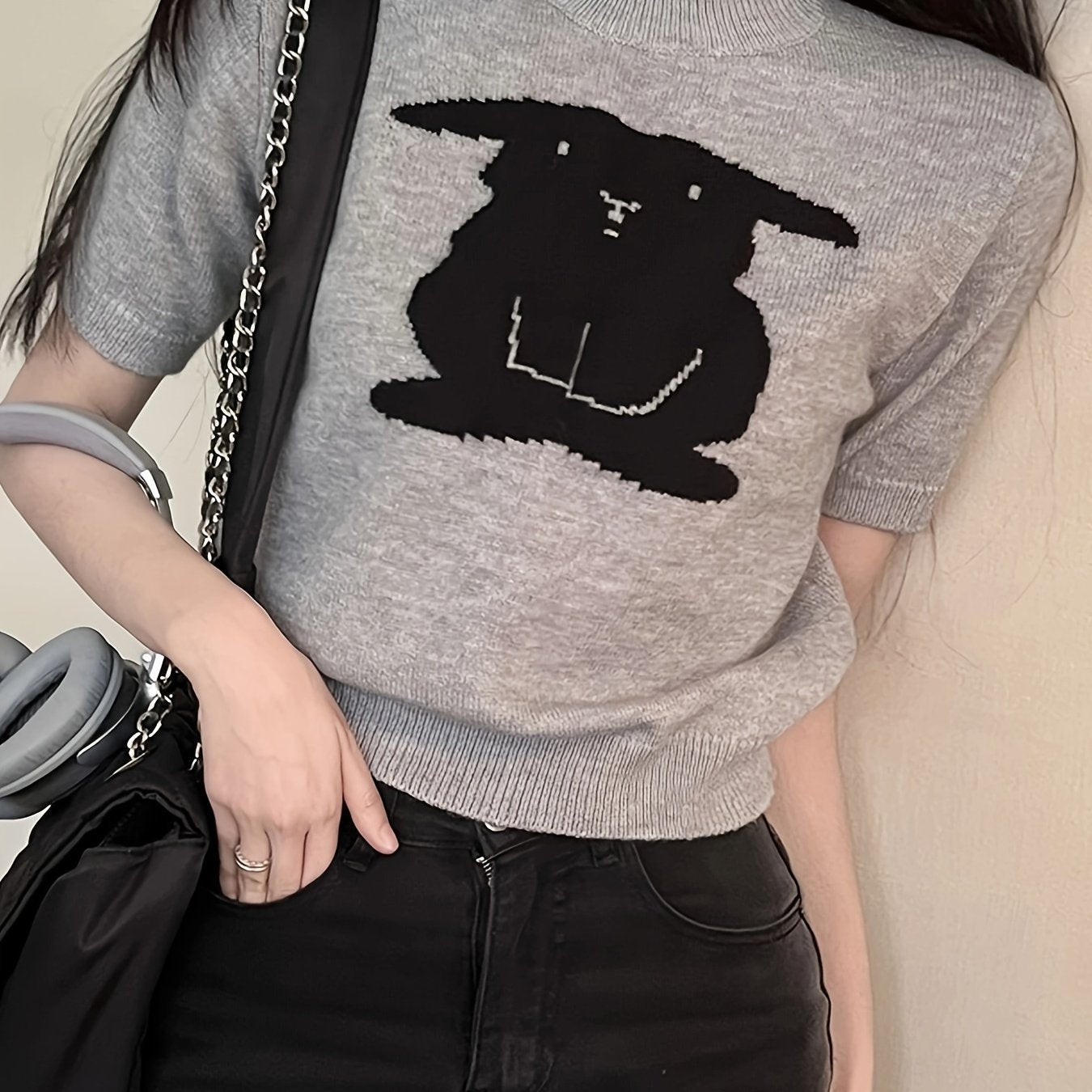 Sixsr Graphic Pattern Crew Neck Knitted Top, Casual Short Sleeve Sweater For Spring & Summer, Women's Clothing