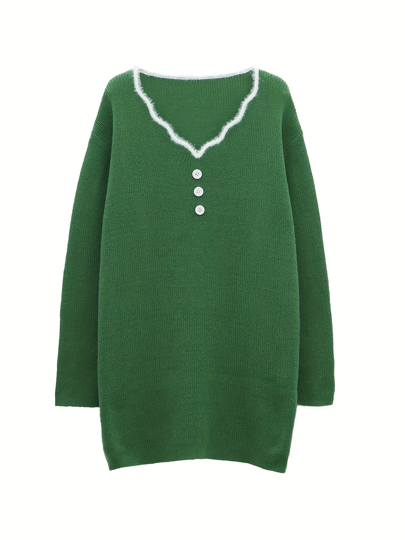 Sixsr Plus Size Casual Knit Dress, Women's Plus Colorblock Button Decor Fuzzy Trim V Neck Long Sleeve Knit Dress