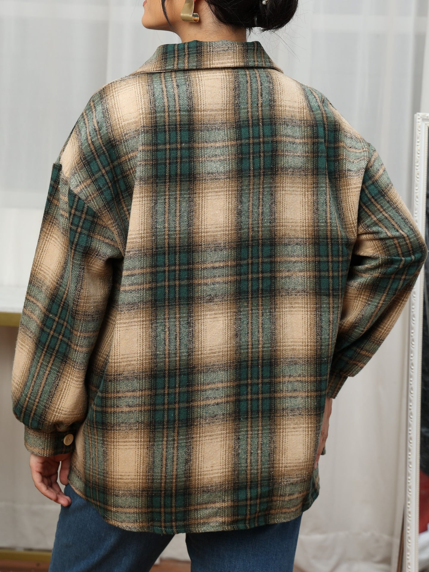Sixsr Plus Size Casual Coat, Women's Plus Plaid Print Lantern Sleeve Lapel Collar Button Up Shacket Coat