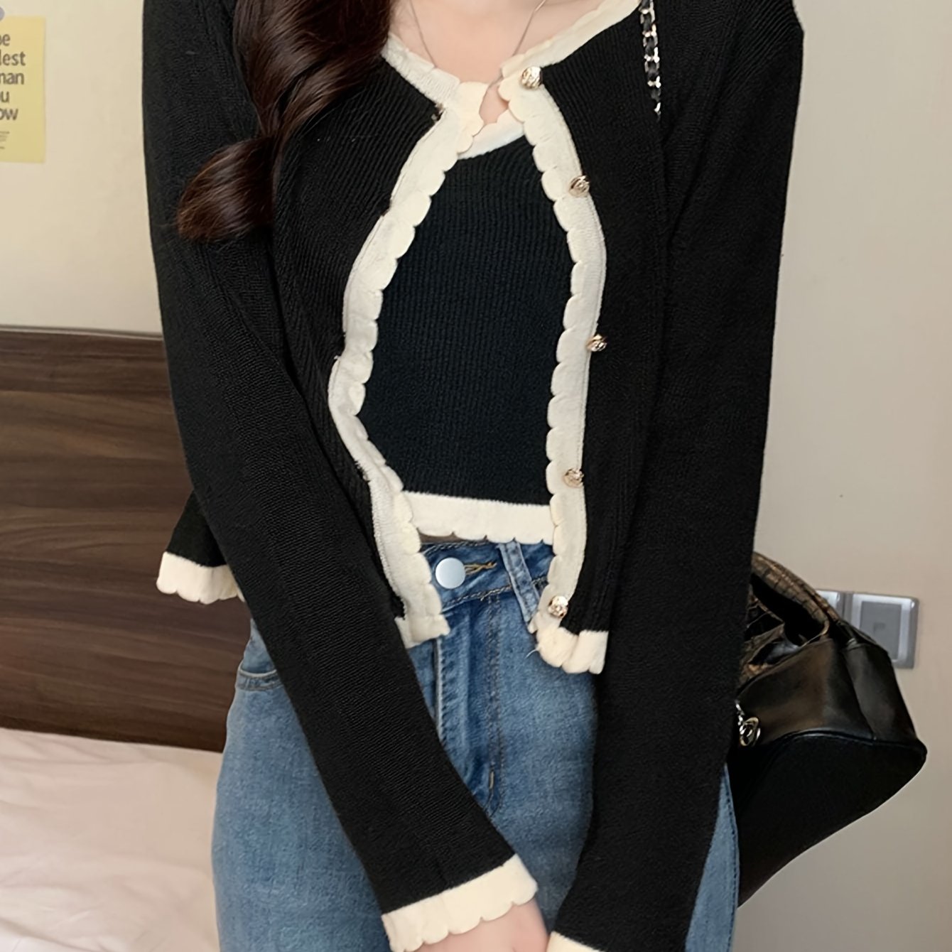 Sixsr Scallop Trim Button Up Knit Cardigan, Elegant Long Sleeve Slim Crop Cardigan, Women's Clothing