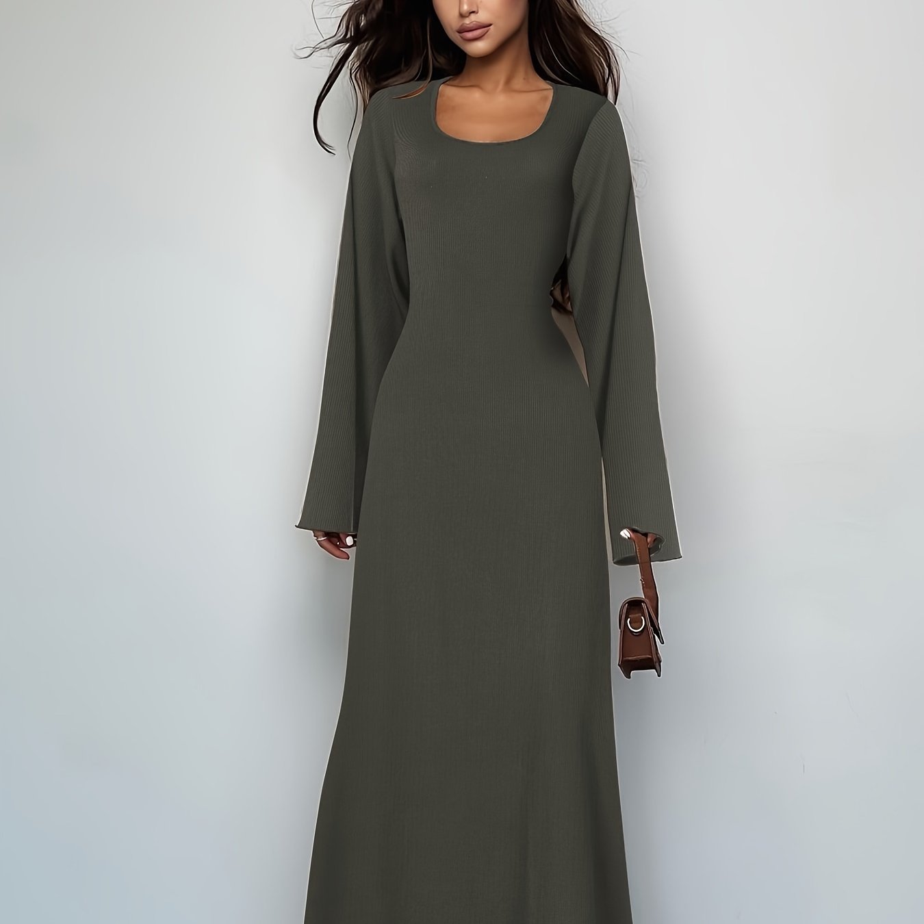 Sixsr Solid Tie Back U Neck Dress, Elegant Long Sleeve Maxi Dress, Women's Clothing