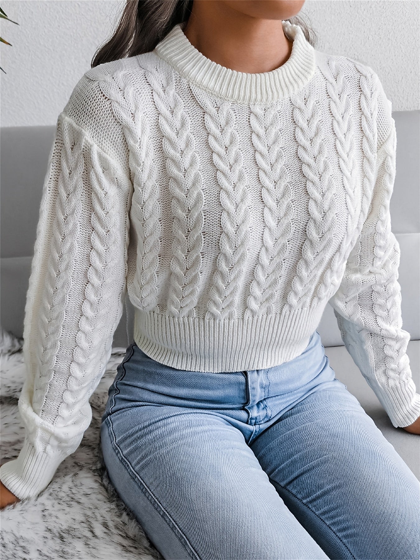 Sixsr Cable Crew Neck Crop Sweater, Casual Waist Long Sleeve Fall Winter Knit Crop Sweater, Women's Clothing