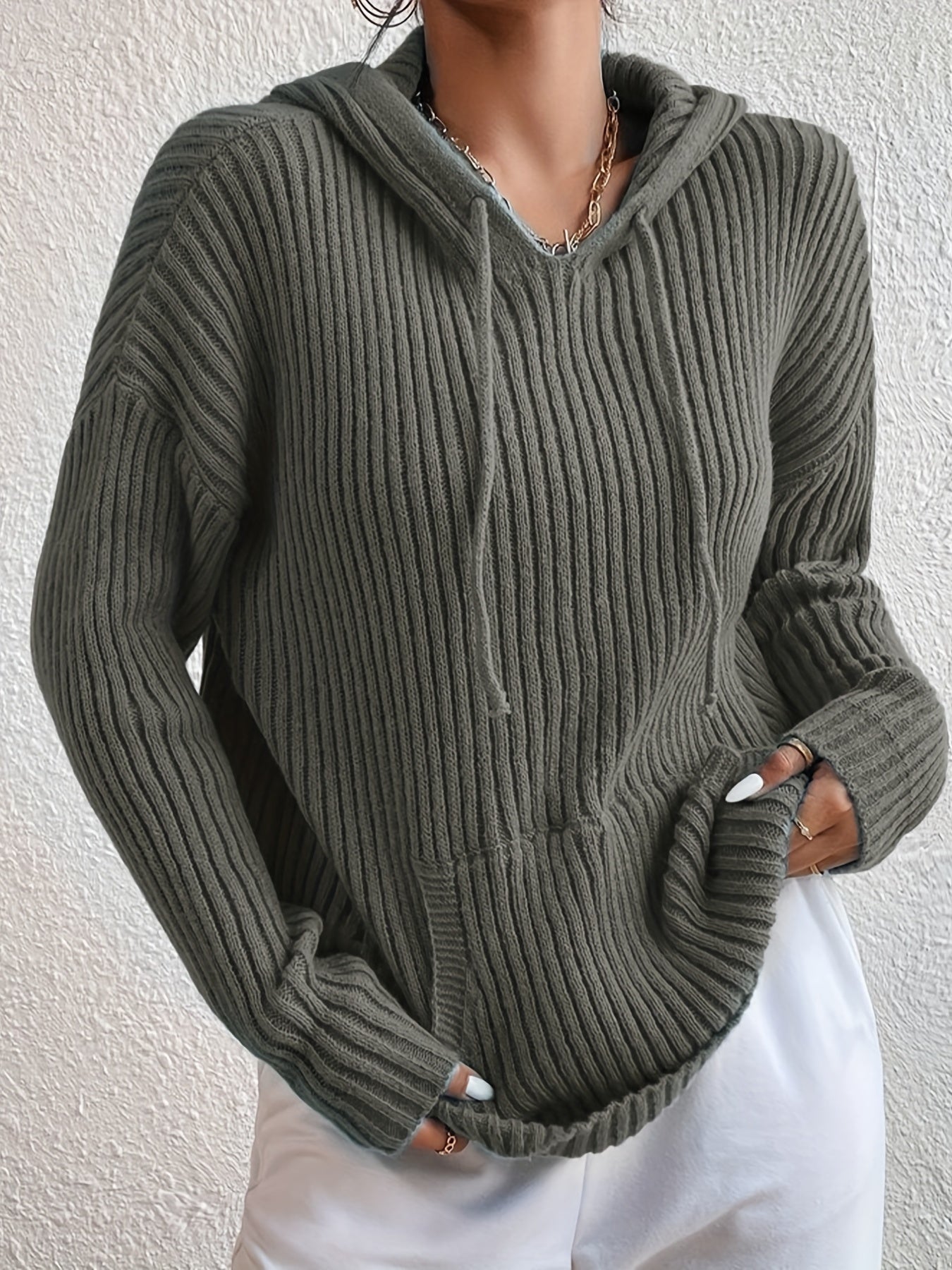 Sixsr Plus Size Casual Knit Top, Women's Plus Solid Ribbed Long Sleeve Drawstring Hooded Knit Top