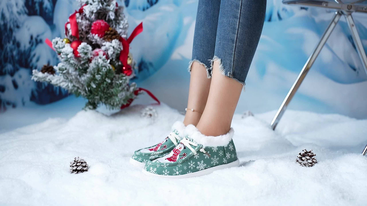Thickened Warm Christmas Snowman Pattern Winter Outdoor Sneakers, Cute Comfortable Flat Snow Shoes