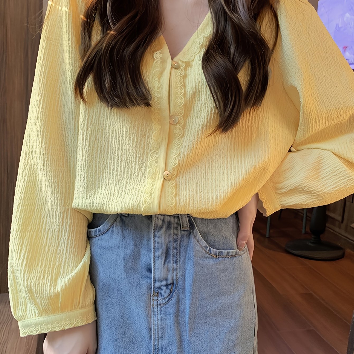 Sixsr Contrast Lace Solid Blouse, Casual V Neck Button Front Long Sleeve Blouse, Women's Clothing