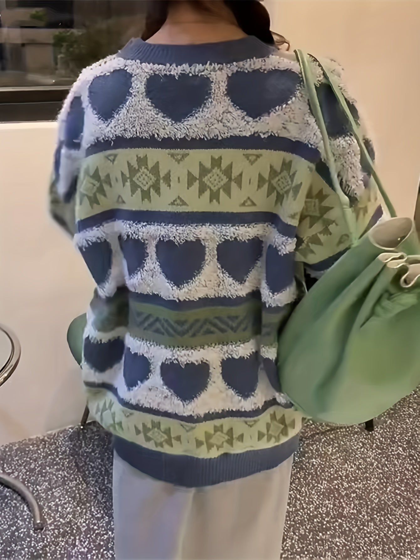 Sixsr Heart Pattern Crew Neck Pullover Sweater, Vintage Long Sleeve Soft Oversized Sweater, Women's Clothing