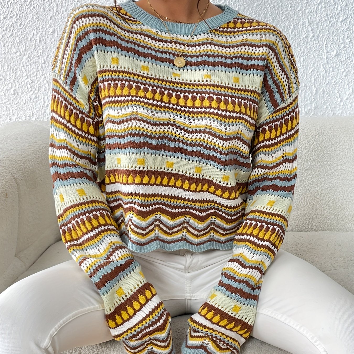 Sixsr Ethnic Print Eyelet Knit Sweater, Casual Crew Neck Long Sleeve Drop Shoulder Sweater, Women's Clothing