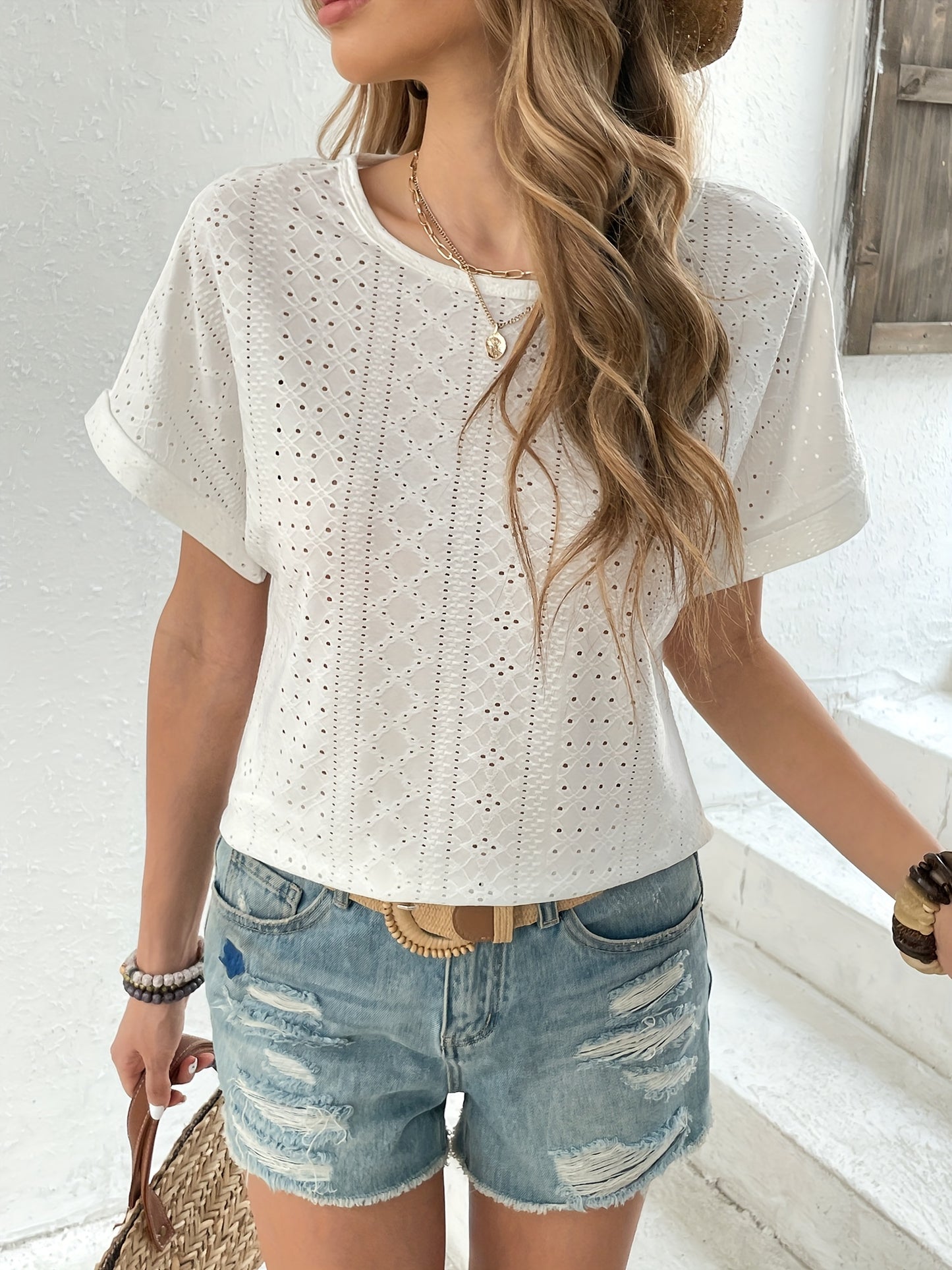 Sixsr Eyelet Embroidered T-Shirt, Short Sleeve Casual Top For Summer & Spring, Women's Clothing